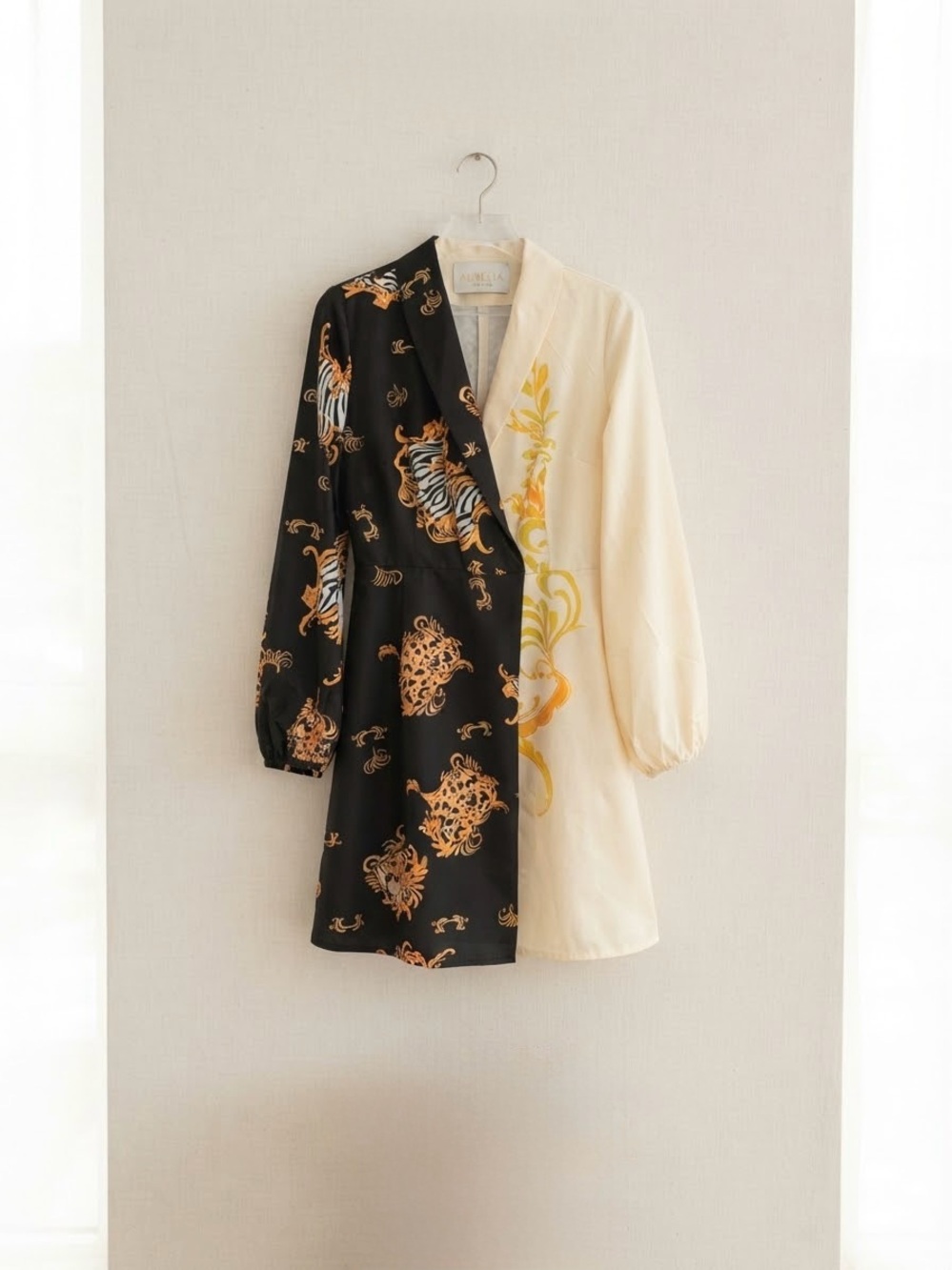 Two-Tone Black and Cream Printed Wrap Dress